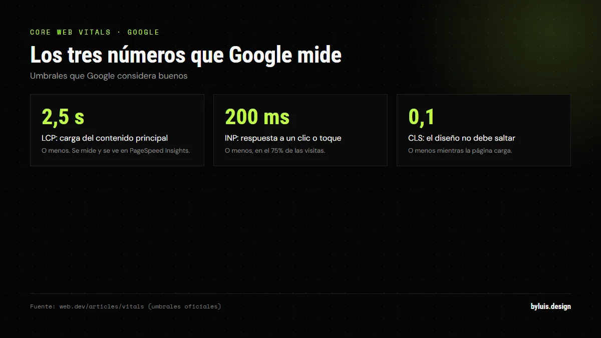 Umbrales de Core Web Vitals que Google considera buenos: LCP de 2,5 segundos o menos, INP de 200 milisegundos o menos y CLS de 0,1 o menos