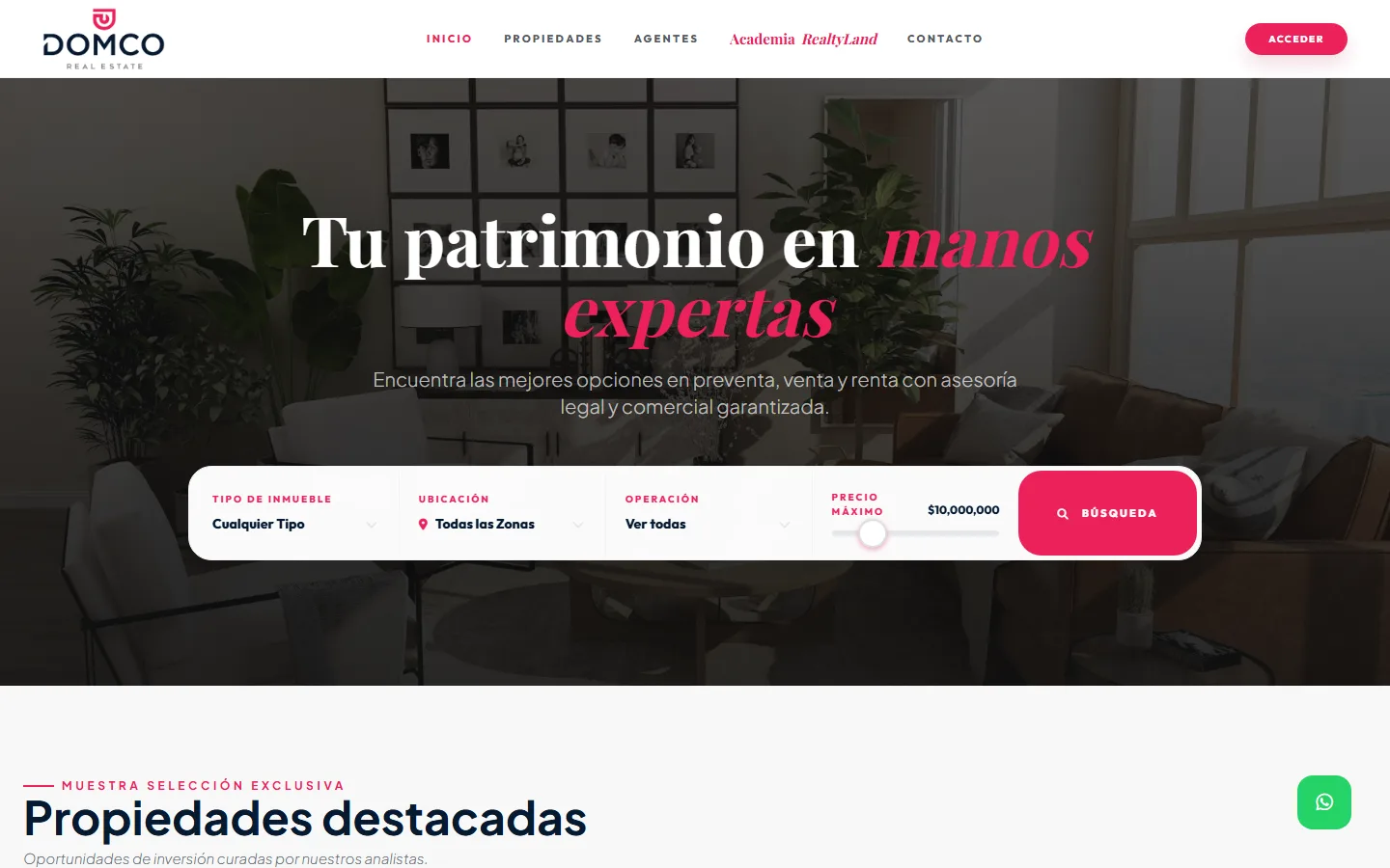 Domco homepage with the property search